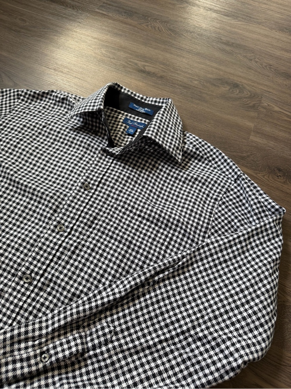Paul Fredrick Men's L Trim Fit Button Down Houndstooth Pattern Black White Shirt